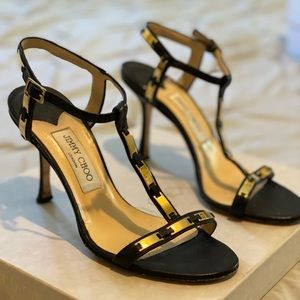 Jimmy Choo T Strap Heels, 38, Black & Gold